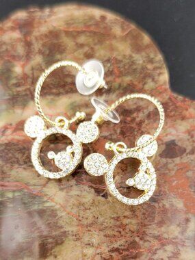 Gold Tone Mickey Mouse Rhinestone Hoop Earrings Disney Inspired Sparkle